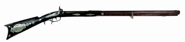 19th C. Silver Inlaid American Rifle, J.E. GEIGER: 19th C. Silver Inlaid American Percussion Rifle, Signed "J.E. GEIGER". Rifle with walnut half stock profusely decorated with silver and nickel plates with diverse forms including Masonic themes, fish,