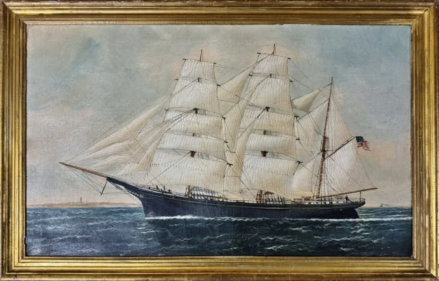 Oil on Canvas Painting, William Pierce Stubbs: 19th C. Oil on Canvas Painting, Signed "W. P. Stubbs" (William Pierce Stubbs, American, 1842-1909) Painting of the U.S. Flagged Ship "Cheshire". Painting in good condition with some surface accretion 