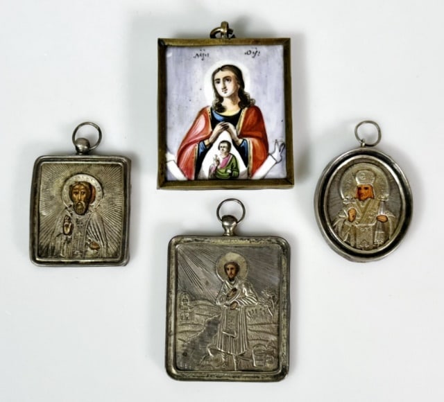 18th - 19th C Orthodox Christian Icons (4pc): Collection of Four 18th - 19th C. Eastern Orthodox Christian Icons. Icons with hand chased silver adornment, hand painted tempura embellishment and porcelain: (1) Russian Icon of Sergius Radonezh, (1)