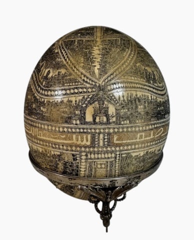 19th C. Turkish Scrimshaw Ostrich Egg, Istanbul: Antique Ottoman Turk Scrimshaw Ostrich Egg Depicting the City of Istanbul. Highly detailed profuse decoration depicting buildings, port, streets and geometric designs. Center banner with Turkic Writin