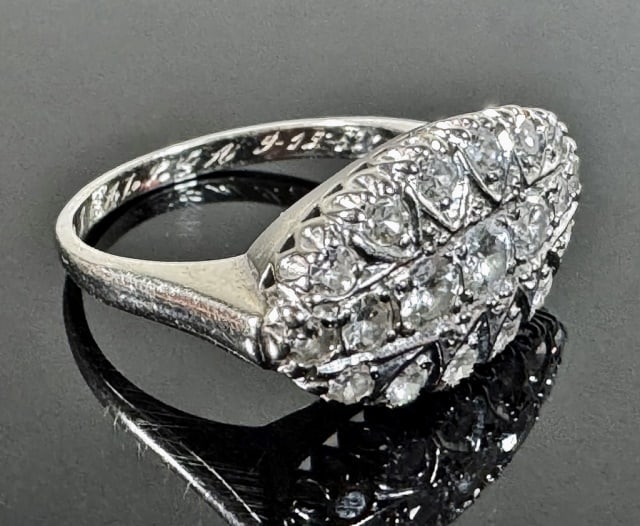 Antique Art Deco 14K Gold and Diamond Ring: Antique Art Deco 14K Gold Diamond Ring. Crafted of 14K white gold, prong set with nineteen graduated round cut diamonds, well matched and of good quality. Good condition, Total assembled weight: 2.5 d