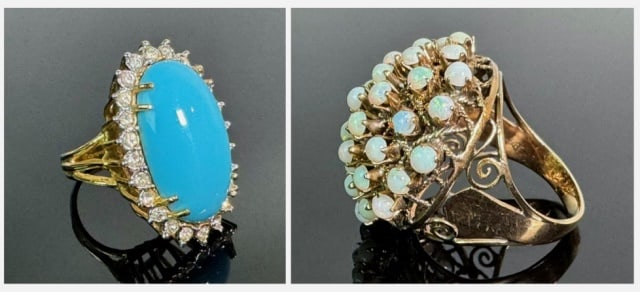 Ladies 14K-18K Gold Gemstone Cocktail Rings (2pc): Two Ladies 14K and 18K Gold Gemstone Cocktail Rings: (1) 18K yellow gold ring set with large cabouchon turquoise stone with twenty-four small round cut diamond surround, (1) 14K yellow gold ring set w