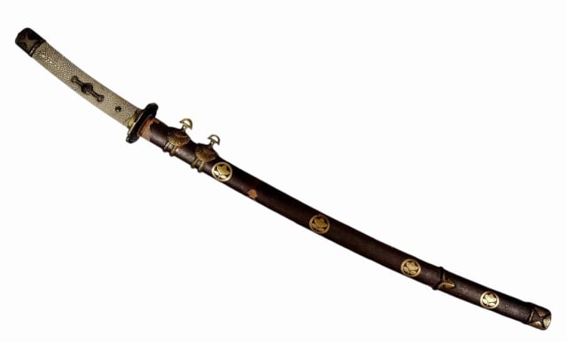 Japanese Edo Period Court Tachi Sword: 17th C. Edo Period Court Tachi Sword. Shinto blade signed in kanji "Inaba ju Fujiwara Kanesaki" with faint hamon. Blade is in later gilt bronze Imperial Court mounts. Tsuka wrapped in white same with 