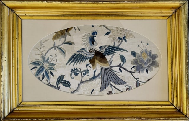 Antique Chinese Qing Embroidered Silk Panel: Antique Chinese Q'ing Embroidered Silk Panel. Silk damask with detailed hand embroidered foliate and bird decoration. Good condition set in wooden frame under glass, measures: 19.75" H x 29.5" W.