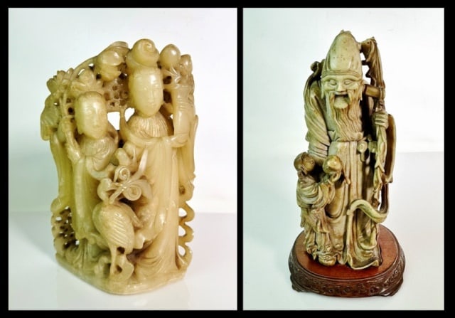 Chinese Qing Carved Soapstone Figures (2pc): Two Antique Chinese Q'ing Period Soapstone Figures: (1) Carved Chinese mythological figure shouxing with staff, peach and a small child at his feet, (1) Carved figures in traditional costume. Good con