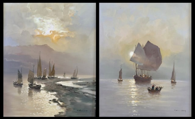 Two Oil on Canvas Marine Paintings, Sang (2pc): Two 20th C. Oil on Canvas Chinese Export Marine Paintings, Signed "Sang". Luminous scenes of ships at port and sea. Good condition, set into wooden frames, measure: 25" H x 20.5" W, Image: 23.5" H x 1