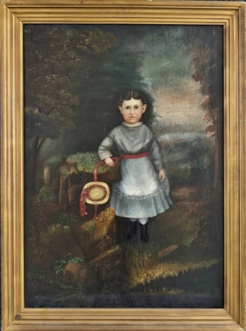 19th C. Oil on Canvas Portrait of a Girl: 19th C. Oil on Canvas Painting of a Young Girl. Subject standing in a landscape holding a hat with ribbon. Good condition with some surface cracqueluer, set in period moulded gilt wooden frame, measur