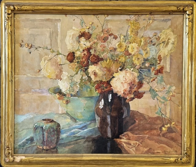 Watercolor on Paper, Minna Walker Smith: Watercolor on Paper Floral Still Life, Signed M. Walker Smith, (Minna Walker Smith, American 1883-1960). Painting set in gilt wooden frame under glass. Good condition, measures: 30" H x 34.5" W, Image