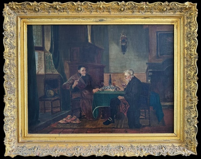 19th C. Oil on Canvas Genre Painting: 19th C. German Oil on Canvas Genre Painting. Detailed painting of two men playing chess in a parlor. Painting reverse signed on stretcher "F. FOSKETT 1897" and "CHECKMATE AFTER WEBB OF DUSELDORF". Goo