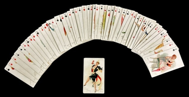 19th C. Risque Playing Cards, Hard A Port (53pc): 19th C. Fifty-three Card Deck of Risque Playing Cards, Signed "Hard a Port Cut Plug". Cards with lithographed images of scantily clad women in period costume, reverse with "Hard a Port" logo of a ship