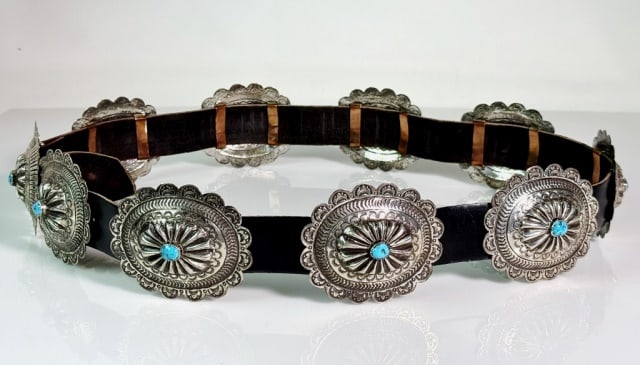 Vintage Navajo Old Pawn Silver Concha Belt: Vintage Navajo Old Pawn Concha Belt. Leather belt with ten hand hammered and chased plates set with natural turquoise stone. Good condition, measures: 42" L