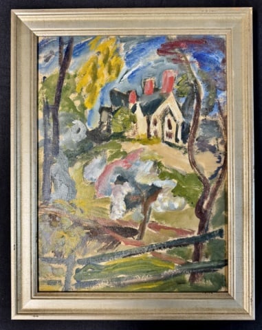 Oil on Board Painting, Thelma Savage: Oil on Artist Board Painting of a House in a Landscape, Thelma Savage (signed reverse). Painting in good condition, set into wooden frame, measures: 18.5" H x 14.5" W, Image: 15.5" H x11.5" W.
