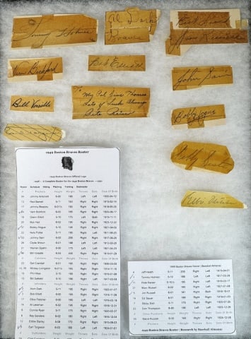Autographs, 1949 Boston Braves Roster (12pc): Autograph collection from the 1949 Boston Braves Roster gathered in 1948-49 by Jim Thomas, a Middleboro, MA High School student. Some have full or partial postmarks at rear: (1) Vern Bickford,(1) Bobb