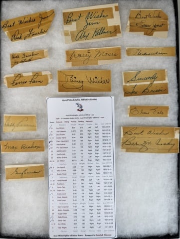Autographs, 1930, 1949 Philadelphia A's (15 pc): Collection of autographs of the 1949 Philadelphia Athletics Baseball team gathered in 1948-1949 by Jim Thomas, a Middleboro, MA High School student. Many contain full or partial postmarks at rear: (1)