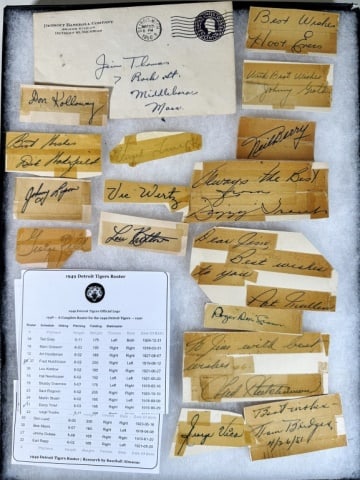Autographs, 1945,1949 Detroit Tigers Roster (17pc): Collection of autographs of the 1949 Detroit Tigers team gathered in 1948-49 by Jim Thomas, a Middleboro, MA High School student. Several have the postmarks at rear: (1) Hall of Famer George Kell; (1)
