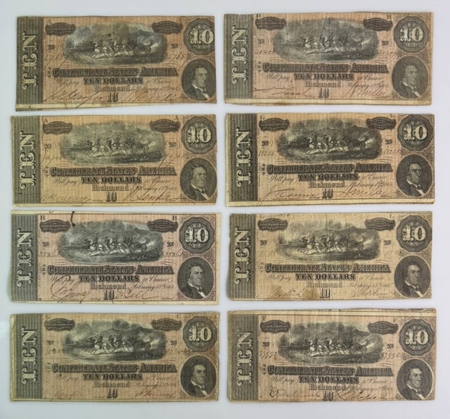 Civil War Confederate 1864 $10 Bank Notes (8pc): Collection of Eight Series of 1864 $10.00 Confederate Banknotes. Obverse with horse drawn artillery vignette, hand numbered and signed in ink, reverse with blue geometric grill design.