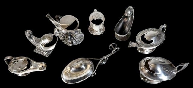 Antique English Silver Plated Spoon Warmers (8pc): Collection of Eight Antique English Silver Plated Spoon Warmers. Diverse figural forms with decoration. Good condition, largest measures: 9.5" L