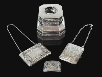 Antique Sterling Silver Ladies Accessories (4pc): Collection of Four Sterling Silver Victorian Ladies Accessories: (1) Lidded powder box, signed, "Black Starr & Frost", (2) Ladies engraved sterling compacts, (1) Sterling silver belt buckle. Good