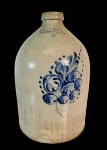 19th C Decorated 3 Gallon Stoneware Crock, Norton: 19th C. Decorated 3 Gallon Stoneware Jug, SIgned "E and LP Norton Bennington VT." Salt glazed stone ware with hand painted cobalt leaf decoration. Good condition with wear, measures 15.75" H x