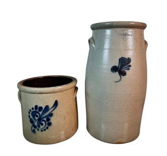 19th C. Glazed Cobalt Decorated Stoneware (2pc): 19th C. Glazed Cobalt Decorated Stoneware Crock, Butter Churn: (1) Decorated butter churn, signed "F. WOODWORTH, BURLINGTON VT. 4", (1) Decorated crock, unsigned, marked "6". Good condition with