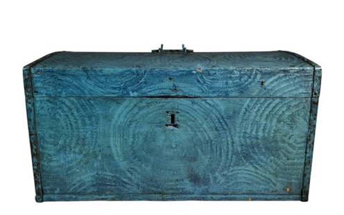 19th C. Dome Top Chest in Folk Paint: 19th C. Wooden Dome Top Chest in Folk Paint. Lidded wooden chest with metal hardware with interesting blue grain painted surfaces. Good condition with some replaced nails, missing lock