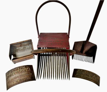 Collection, Cranberry Harvesting Primitives (5pc): Collection of Five Antique Cranberry Harvesting Primitives: (1) Two handled wooden cranberry scoop, signed, "MFG' BY G.W. RICHARDS MARTHERS WIS", (1) Harvesting snap scoop with faded manufacturer