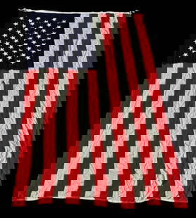 Antique 1896 -1908 45 Star American Flag: Antique Forty-five Star American Flag, (1896-1908). Sewn wool flag with zigzag stitched stars, flag with metal grommets at hoist. Good condition with wear and losses, measures: 72" H x 114" L.