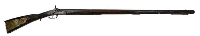 19th C. Percussion Rifle, Ketland & Co: 19th C. Percussion Rifle, Signed "KETLAND & Co". Flintlock converted percussion action, carved walnut stock with steel and brass hardware and stylized brass patch box. Fair condition with good