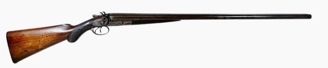 19th C. English Double Barrel Shotgun, Greenough: Circa 1870 English Shotgun, Signed "N. C. Greenough". Double Barrel, breech loading, double hammer action with two triggers. Damascus steel barrels, with case colored receiver, having decorative