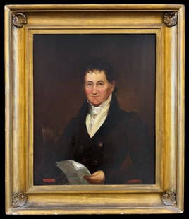 19th C. American Oil on Canvas Portrait Painting: 19th C. Oil on Board Painting of a Gentleman. Painting in good condition, set in period gilt wooden frame. Measures: 38.25" H x 33" W, Image: 29" H x 23.75" W
