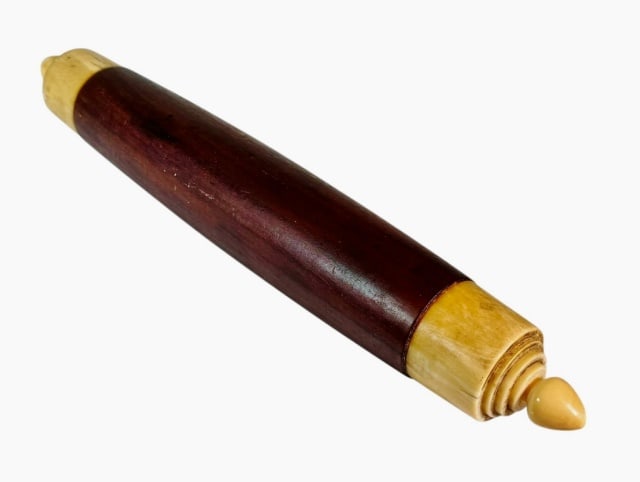 19th C. Sailor Made Whale Tooth Rolling Pin: 19th C. Sailor Made Rolling Pin. Crafted of carved tropical hardwood with turned whale tooth ends. Good condition with wear, measures: 2.33" H x 16" W
