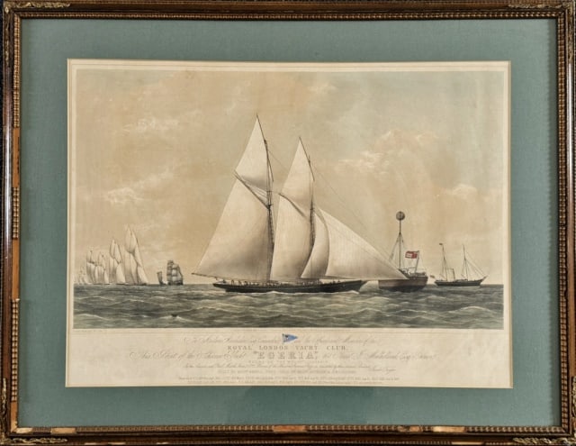 19th C. English Aquatint Engraving, Ship Egeria: 19th C. Hand Colored Plate Engraving, Titled "Royal London Yacht Egeria". Image of yacht under full sail with description and publishing information below. Good condition with age tone, set into woode