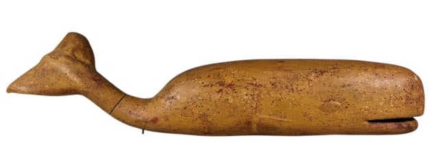 19th C Folk Art Carved Wooden Whale: 19th C. Carved and Painted Wooden Whale. Folk carved whale with gold painted surfaces. Good condition with wear, measures: 9.25" H x 30.25" W