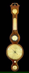 19th C Wheel Barometer, C. Gerletti, Glasgow: 19th C. Scottish Wheel Barometer, Signed "C. Gerletti, Glasgow". Mahogany case with thermometer and barometric gauges under glass. Good condition, measures: 39" H x 10" W x 2.5" D NOTE: This item cont