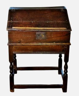 1688 Dated Carved Oak Desk on Stand: 1688 Dated English Carved Oak Desk on Stand. Hinged lidded case with interior fitted drawer over six pigeon holes. Exterior with incuse punch carved geometric decoration and "688" (1688 carved at fron