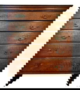 18th C. New England Tiger Maple Chest of Drawers: 18th C. New England Chest of Drawers. Maple construction with five graduated drawers with period brass pulls. Case with dovetailed top and sawhorse base. Good condition with wear, name "Bert Quimby" c