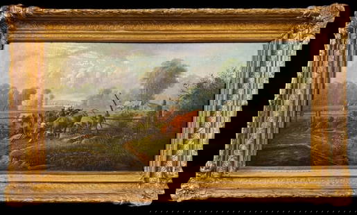 19th C. Oil on Canvas Painting, Alfred Copeland: Oil on Canvas Painting, Reverse Signed "A. Copeland", (Alfred Bryant Copeland, American, 1840-1909). Bucolic scene of cows breaking through a fence rail with shouting farmer in background. Good condit