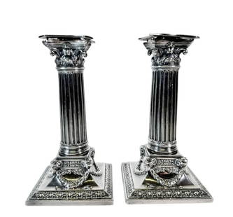 Pair, English Sterling Columnar Candlesticks (2pc): Pair of 1890 English Sterling Silver Candlesticks. Greek Corinthian column form with swag base, hallmarks for London, 1890 date letter and maker "BM EW", weighted base. Good condition with wear, measu