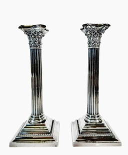 Pair, Sterling Silver Columnar Candlesticks (2pc): Pair of Antique Sterling Silver Columnar Candlesticks, Gorham. Neoclassical Corinthian column form with weighted base and detachable bobeches. Good condition with wear, measure: 10.25" H.