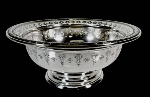Antique Sterling Silver Centerpiece Bowl, Gorham: Antique Sterling Silver Centerpiece Bowl, Gorham. Large footed bowl with repousse, chased decoration and reticulated rim. Good condition with wear, measures: 4.25" H x 10.25" D, Weight: 18.6 Ozt.