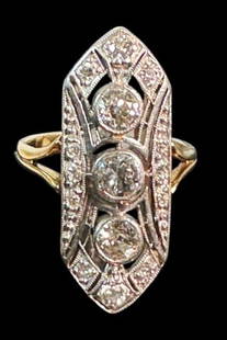 Antique 14K Gold Art Deco Diamond Ring: Antique 14K Gold Art Deco Diamond Ring. 14K yellow and white gold ring bezel set with three round cut diamonds of good quality, center estimated at .2 cts, with twelve small round cut diamond surround