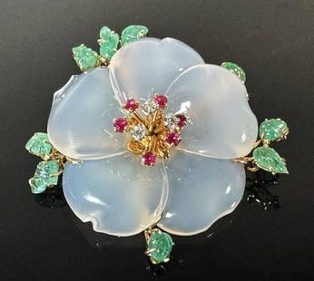 French 14K Gold, Moonstone and Gemstone Pin: Antique French Custom Made Ladies 14K Gold, Moonstone, Emerald and Ruby Brooch. Flower form with carved moonstone petals, center set with three small round cut diamonds and six rubies of good quality,