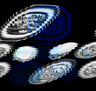19th C. Chinese Canton Export Porcelain (6pc): Collection of Six 19th C. Chinese Canton Export Blue and White Porcelain Pieces: (1) Large platter, (3) Plates of varying sizes, (1) Bowl, (1) Footed serving platter. Good condition with wear, largest