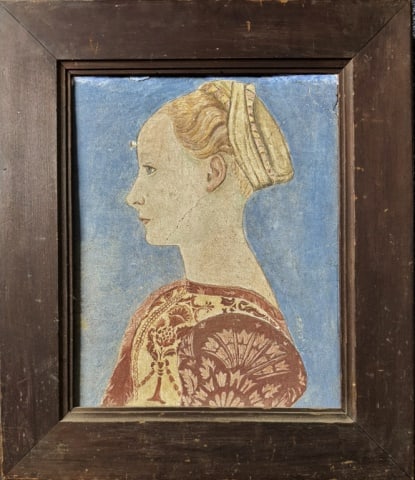 Antique Grand Tour Mural Fragment: Antique 16th-17th C. Grand Tour Mural Fragment. Hand painted female portrait in profile in period costume on wall plaster. Painting set into 19th C. wooden frame. Good condition with surface cracking,