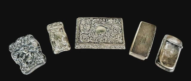 Antique Sterling Silver Boxes, Vesta Cases (5pc): Collection of Five 19th C. Sterling Silver Vesta Cases and Snuff Boxes. Diverse repousse designs and engraved decoration, on bears 1843 dedication. Good condition with wear, vesta cases with surface i