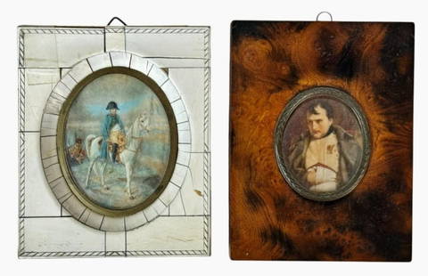 19th C. Hand Painted Miniatures of Napoleon (2pc): Two 19th C. French Miniature Portraits of Napoleon Bonaparte: (1) Equestrian Portrait of Napoleon with troops in background, set in decorative frame, (1) Portrait of Napoleon with hand in coat, set in