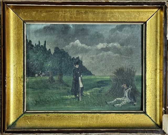 19th C Oil on Canvas Painting Napoleon's Sentry: 19th C. Oil on Canvas painting after "Napoleon and the Sleeping Sentry" by H. de T. Glazebrook (1855-1937). Good condition with surface accretion, set into gilt wooden frame, measures: 8.75" H x 10.5"