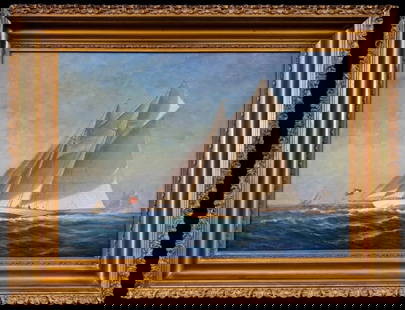 Oil on Canvas Painting, C. Myron Clark: Oil on Canvas Painting of Ships at Sea, Signed "C. Myron Clark", (C. Myron Clark, American, 1858-1925). Painting in good condition, set in period moulded gilt wooden frame, measures: 23.5" H x 30.75"