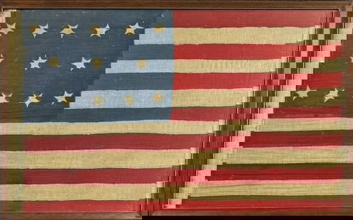Circa 1850 Hand Sewn US Navy Flag 5-3-5 Pattern: Circa 1850 Completely Hand Sewn U.S. Navy Small Boat Flag in 5 - 3 - 5 Pattern. Hand Sewn wool body with sewn attachment grommets at hoist and folded reinforced fly. Applique dancing stars in rare 5 -