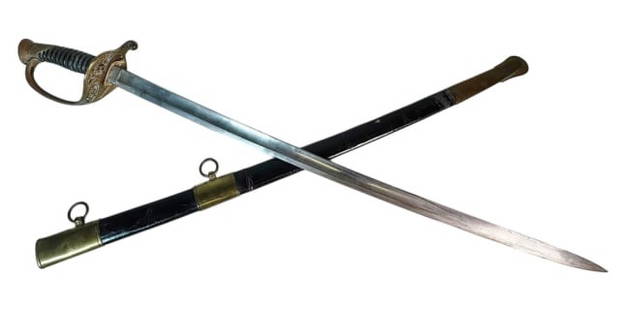 Civil War Model 1850 Foot Officer Sword: Civil War Model 1850 Foot Officers Sword. Unsigned imported sword with singled fullered steel blade, cast reticulated brass guard and pommel with wire wrapped leather grip. Leather scabbard with brass